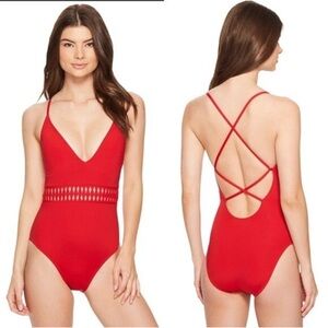 Kenneth Cole Red One-Piece Swimsuit with‎ Plunging V-Neck Size Large